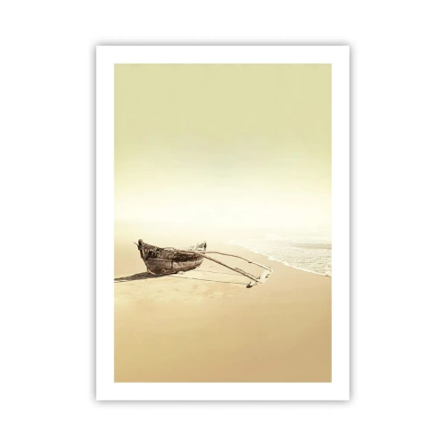 Póster - Un barco de madera solitario en una playa vacía en colores pastel. - 50x70cm - Un recuerdo de los mares del sur - Decoración de pared moderna para salón y dormitorio ARTTOR