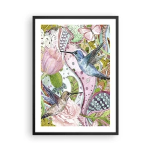 Póster en marco negro - Colibríes coloridos sobre un fondo de flores y patrones. - 50x70cm - Enredado en las vides - Decoración de pared moderna para salón y dormitorio ARTTOR