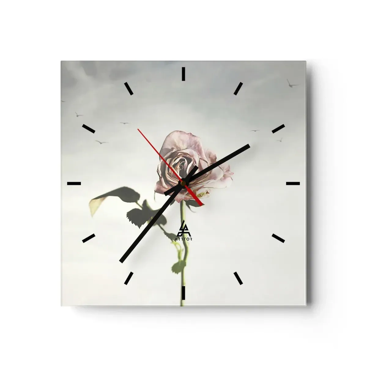 Reloj de pared - Reloj de vidrio - Una delicada rosa contra un cielo brillante con pájaros volando. - 30x30cm - Bienvenida a la primavera - Decoración de pared moderna para salón y dormitorio ARTTOR