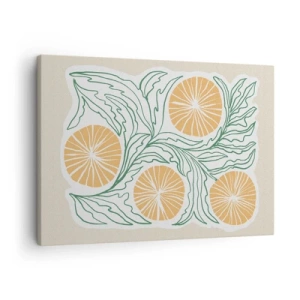 Cuadro sobre lienzo - Impresión de Imagen - Un motivo naranja minimalista con hojas verdes. - 70x50cm - Étnico con un toque de abstracción - Decoración de pared moderna para salón y dormitorio ARTTOR