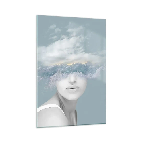 Cuadro sobre vidrio - Impresiones sobre Vidrio - Retrato de una mujer con el rostro oculto tras nubes y olas. - 80x120cm - Con la cabeza en las nubes - Decoración de pared moderna para salón y dormitorio ARTTOR