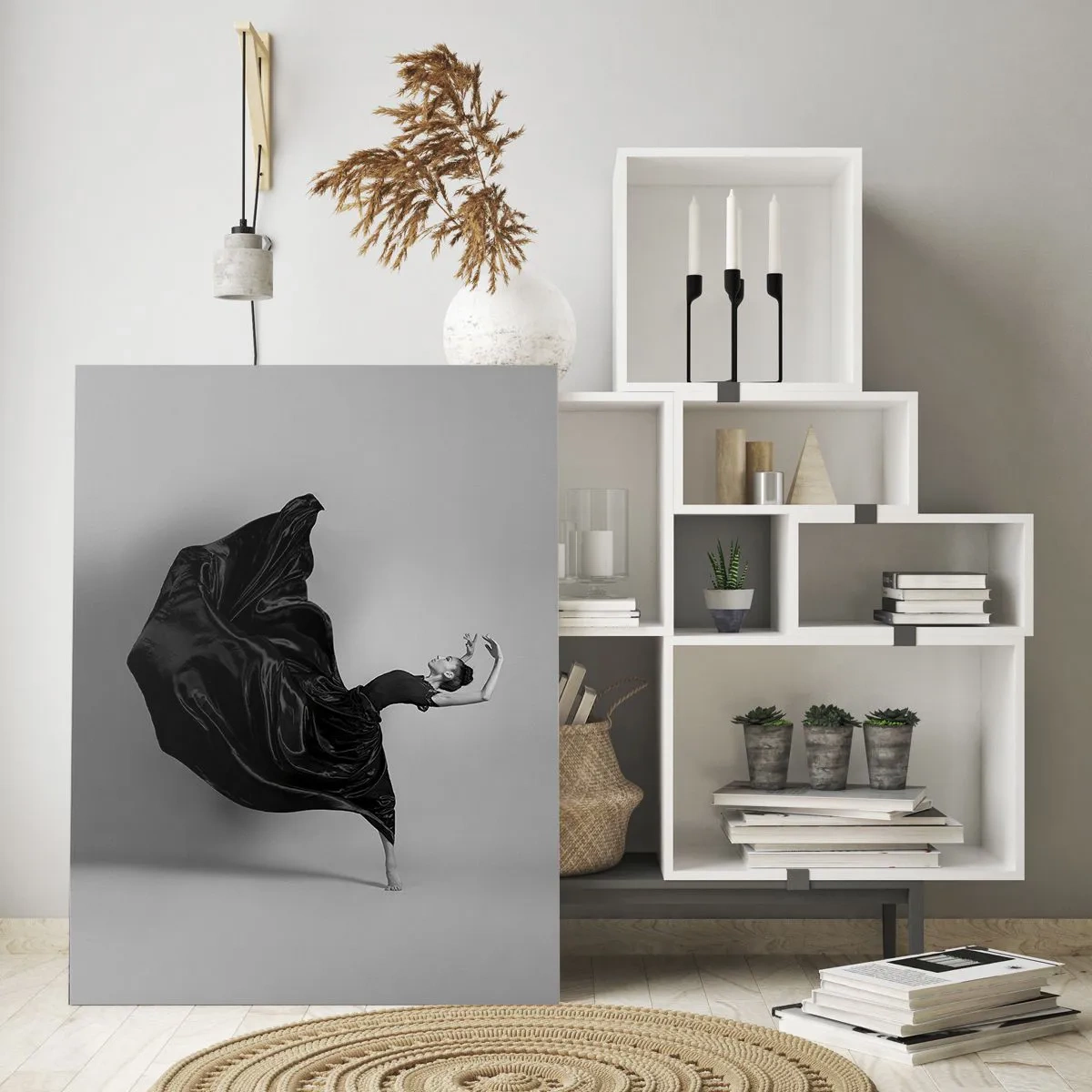 Cuadro sobre vidrio - Impresiones sobre Vidrio - Una bailarina con un vestido negro flotando dinámicamente en el aire. - 50x70cm - La música da alas - Decoración de pared moderna para salón y dormitorio ARTTOR
