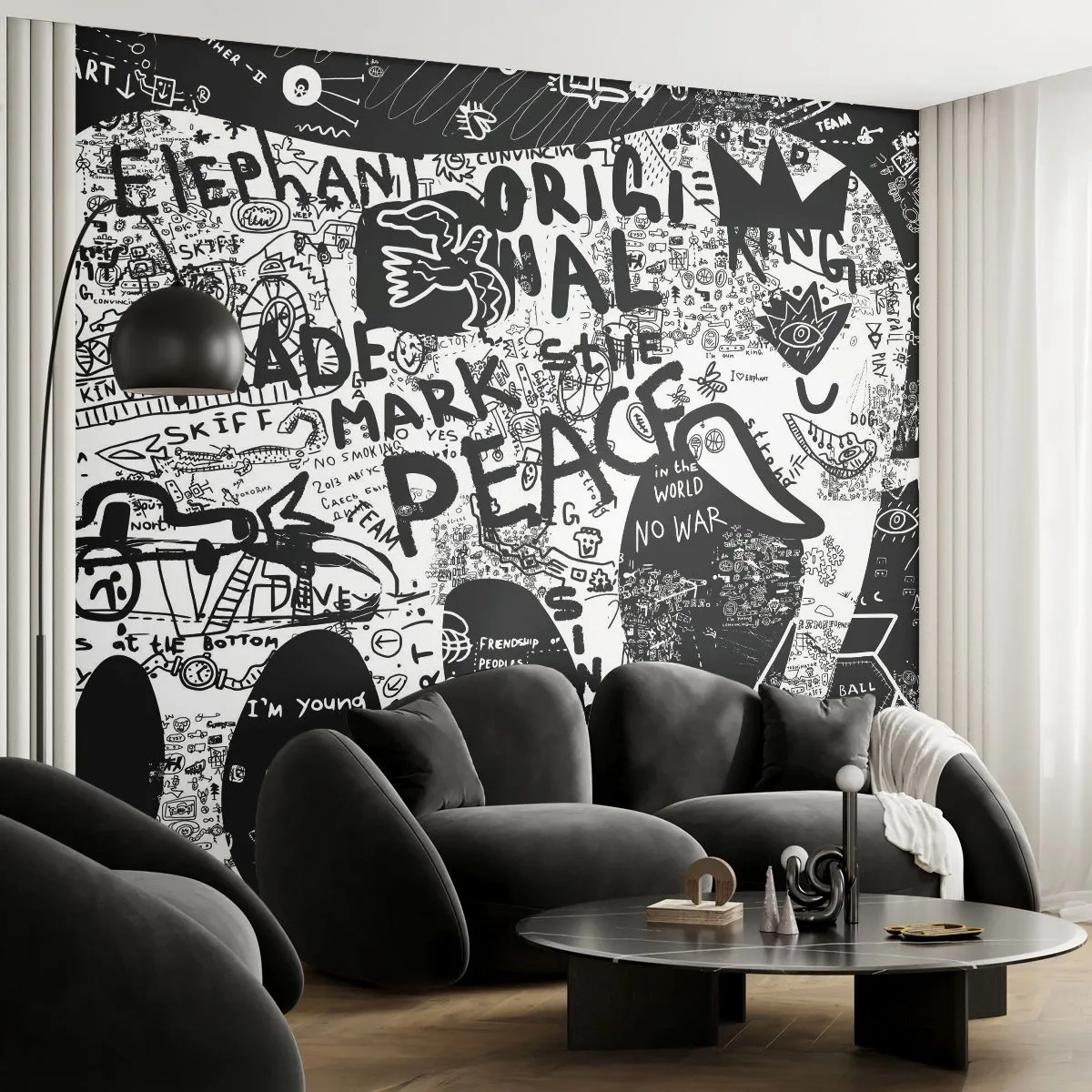 Fotomural Standard Eco - Arte de grafiti en blanco y negro con palabras y símbolos. - 100x70cm - El rico mundo de la calle - Decoración de pared moderna para salón y dormitorio ARTTOR