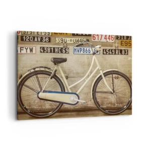Cuadro sobre lienzo - Impresión de Imagen - Una bicicleta retro contra una pared decorada con matrículas. - 100x70cm - No hay complejos - Decoración de pared moderna para salón y dormitorio ARTTOR