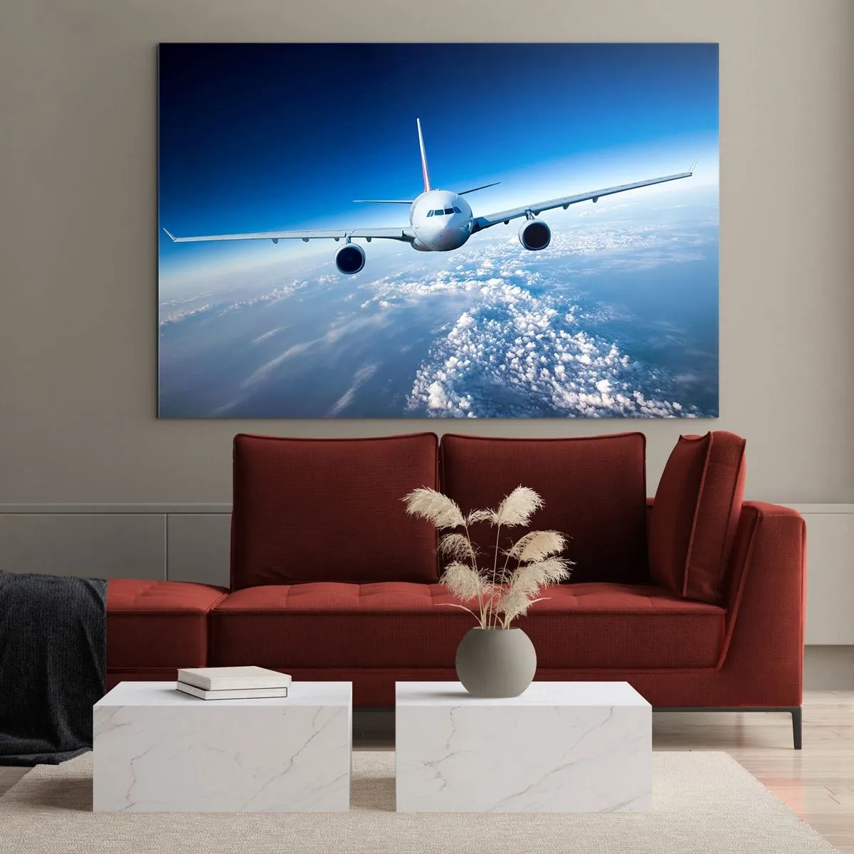 Cuadro sobre vidrio - Impresiones sobre Vidrio - Un avión de pasajeros contra un cielo azul y nubes. - 70x50cm - Vuelo porque quiero - Decoración de pared moderna para salón y dormitorio ARTTOR