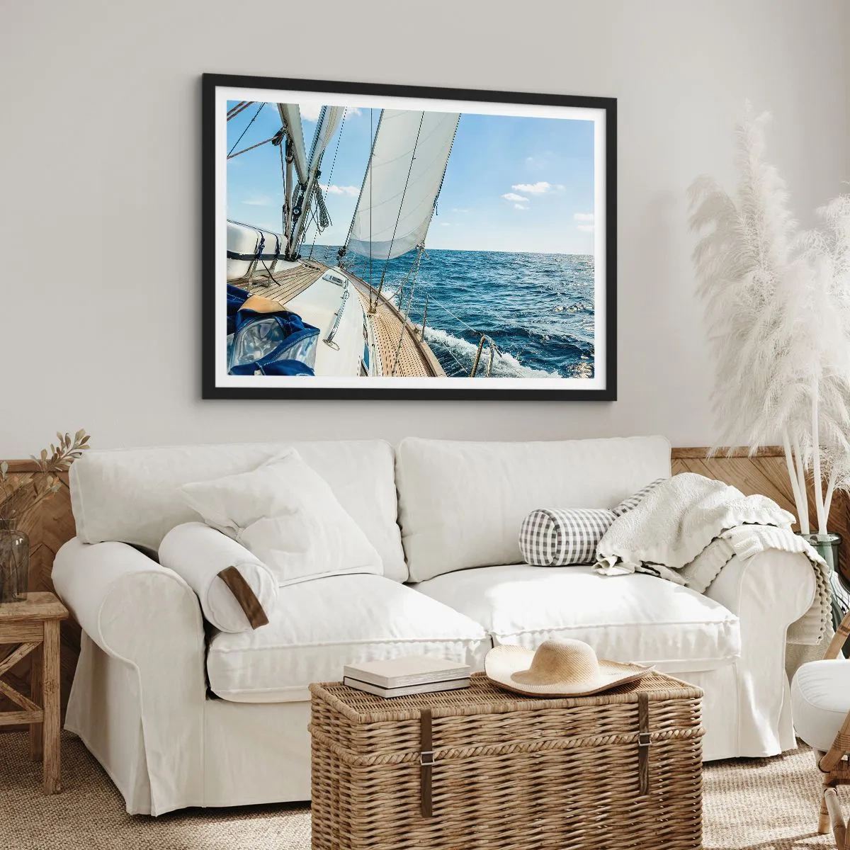 Póster en marco negro - Un velero en un mar tranquilo bajo un cielo azul. - 70x50cm - Ahoy, a la aventura - Decoración de pared moderna para salón y dormitorio ARTTOR
