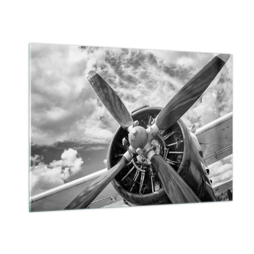 Cuadro sobre vidrio - Impresiones sobre Vidrio - Un primer plano de una hélice de avión en blanco y negro. - 100x70cm - Conquistador de los cielos - Decoración de pared moderna para salón y dormitorio ARTTOR