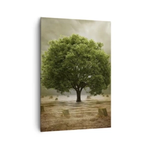 Cuadro sobre lienzo - Impresión de Imagen - Un árbol verde rodeado de troncos talados contra un cielo nublado. - 70x100cm - La esperanza - Decoración de pared moderna para salón y dormitorio ARTTOR