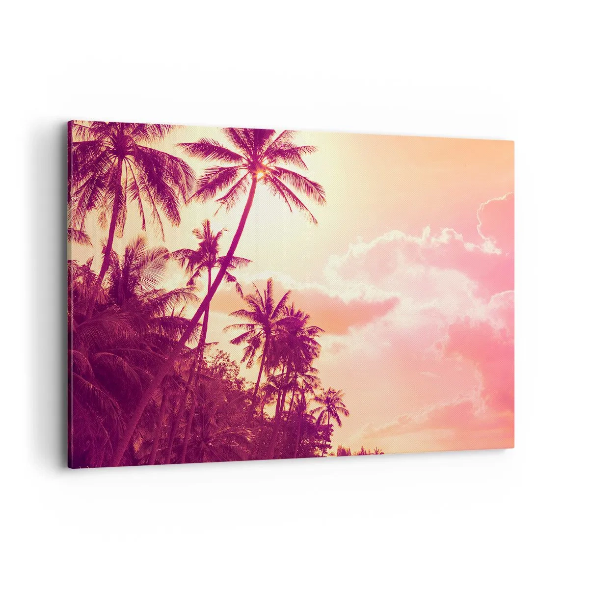 Cuadro sobre lienzo - Impresión de Imagen - Palmeras iluminadas por el sol poniente en un cielo tropical - 100x70cm - Debes elegir - Decoración de pared moderna para salón y dormitorio ARTTOR