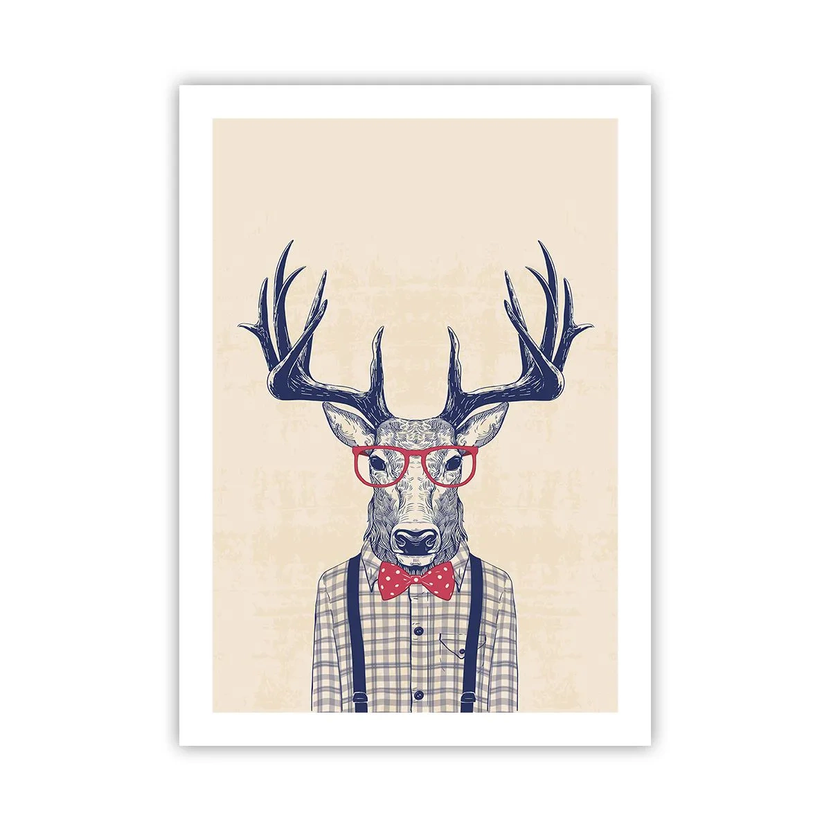 Póster - Ciervo elegante con gafas y pajarita sobre un fondo beige. - 50x70cm - Una extravagancia lúdica - Decoración de pared moderna para salón y dormitorio ARTTOR