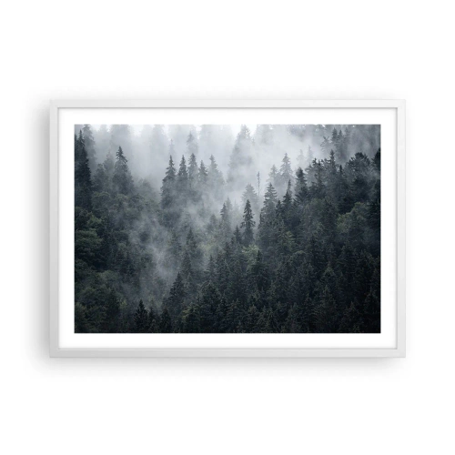 Póster en marco blanco - Amanecer en el bosque - 70x50 cm