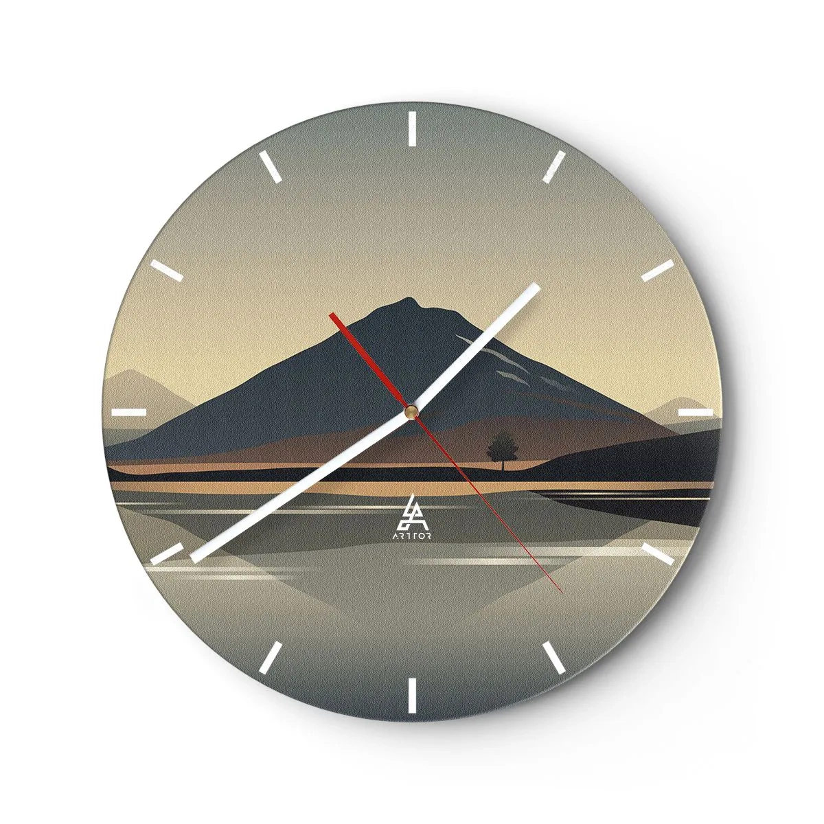 Reloj de pared - Reloj de vidrio - Una montaña sobre un lago en luz pastel con reflejo en el agua. - 30x30cm - Reflejo de espejo - Decoración de pared moderna para salón, cocina y dormitorio ARTTOR