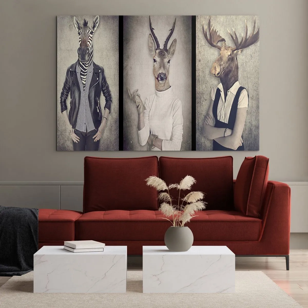 Cuadro sobre vidrio - Impresiones sobre Vidrio - Tres figuras de animales con ropa humana sobre un fondo neutro. - 70x50cm - Que los gestos hablen - Decoración de pared moderna para salón y dormitorio ARTTOR