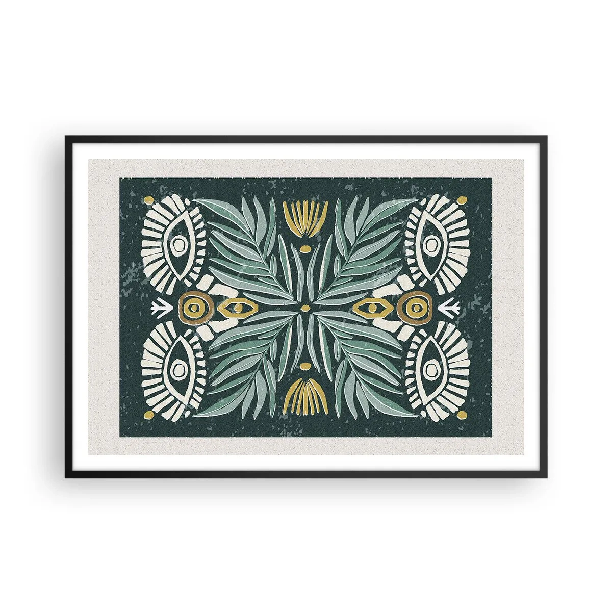 Póster en marco negro - Patrón de planta simétrica sobre un fondo verde. - 100x70cm - Como un recorte folclórico - Decoración de pared moderna para salón y dormitorio ARTTOR