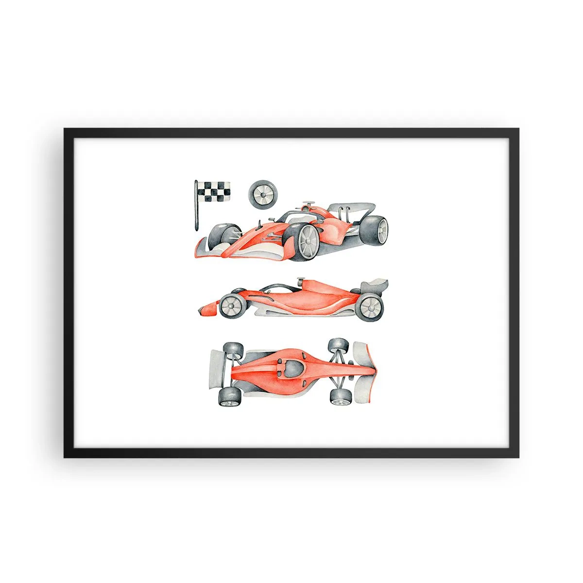 Póster en marco negro - Un coche de carreras rojo con una bandera a cuadros. - 70x50cm - Para alcanzar un sueño - Decoración de pared moderna para salón y dormitorio ARTTOR