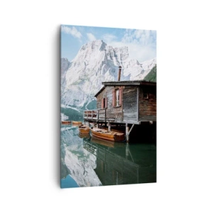 Cuadro sobre lienzo - Impresión de Imagen - Una cabaña de madera junto a un tranquilo lago de montaña. - 80x120cm - Una mañana cristalina de montaña - Decoración de pared moderna para salón y dormitorio ARTTOR