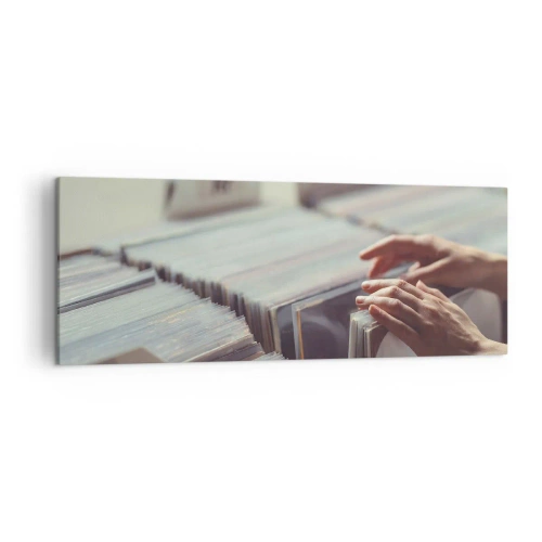 Cuadro sobre lienzo - Impresión de Imagen - Manos mirando a través de una colección de vinilos - 140x50cm - En busca de emociones - Decoración de pared moderna para salón y dormitorio ARTTOR