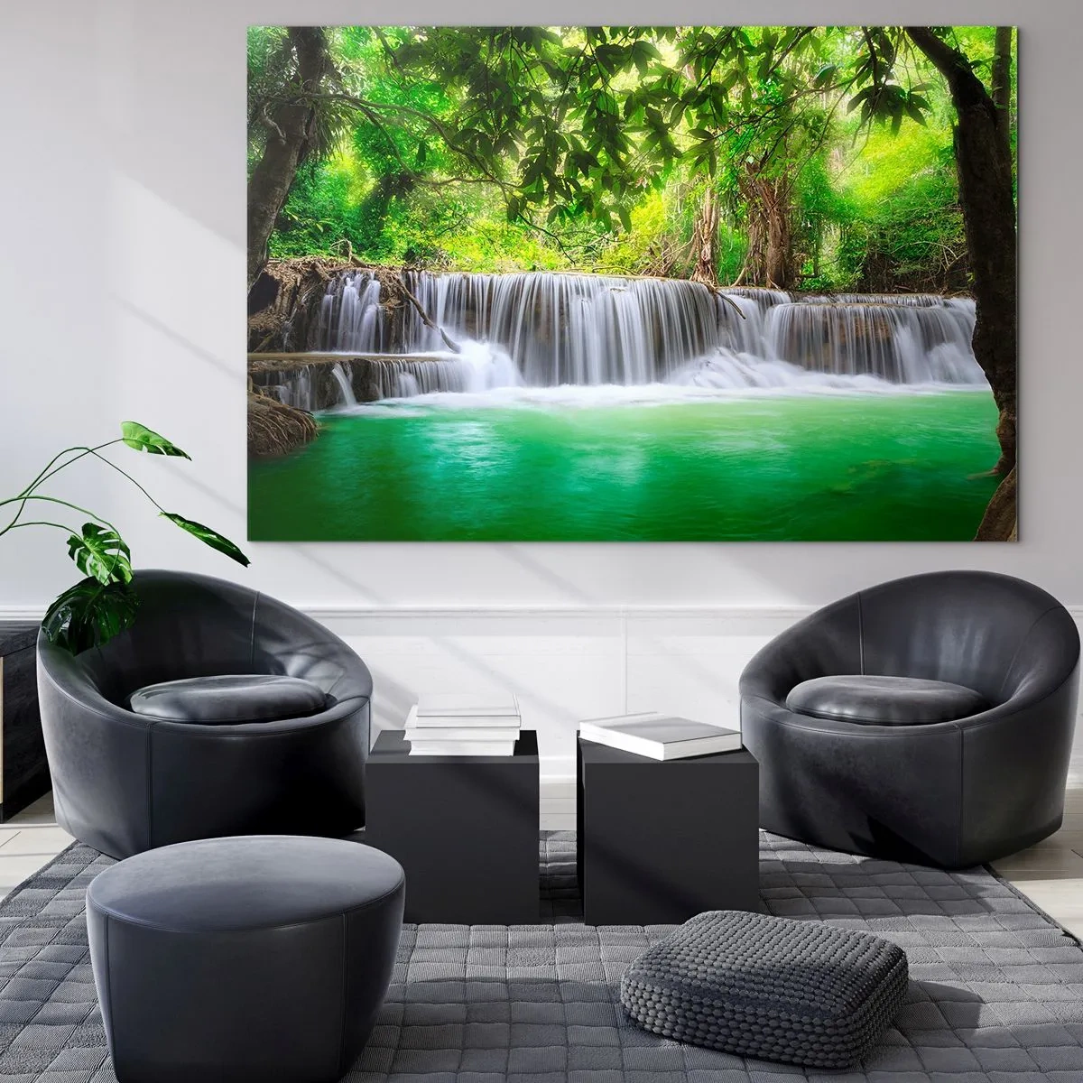 Cuadro sobre vidrio - Impresiones sobre Vidrio - Una cascada en un bosque tropical con agua cristalina. - 100x70cm - Cascada en verde - Decoración de pared moderna para salón y dormitorio ARTTOR