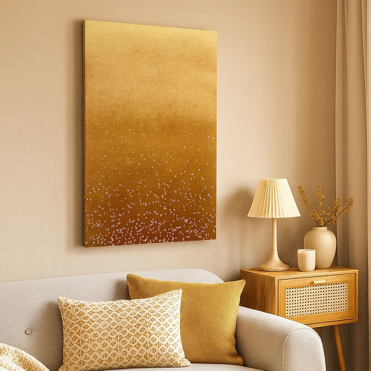 Cuadro sobre lienzo - Impresión de Imagen - Un degradado dorado con brillo sutil y adornos. - 50x70cm - Nacimiento de la luz - Decoración de pared moderna para salón y dormitorio ARTTOR