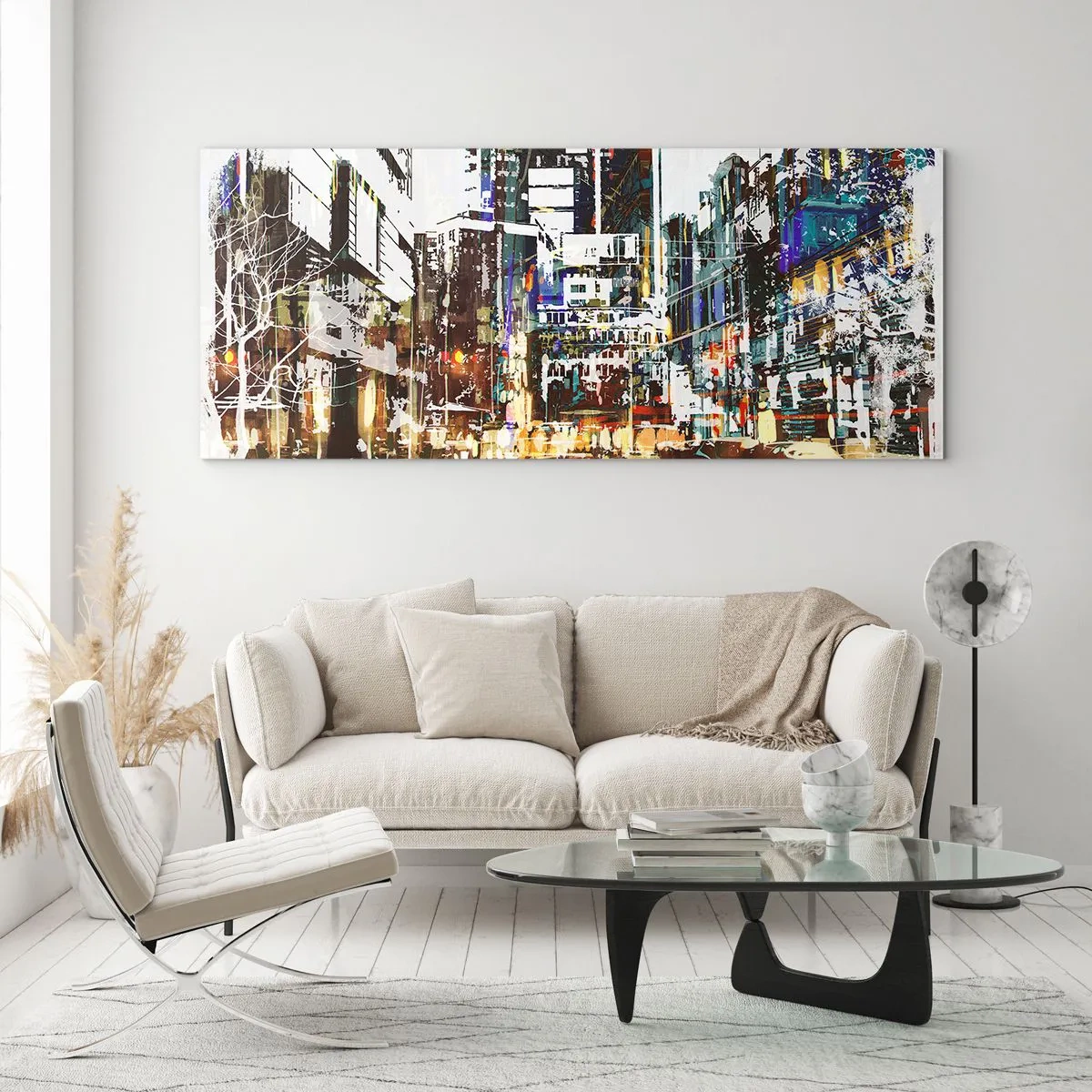 Cuadro sobre vidrio - Impresiones sobre Vidrio - Un paisaje urbano moderno de estilo artístico. - 140x50cm - Ciudad parpadeante - Decoración de pared moderna para salón y dormitorio ARTTOR