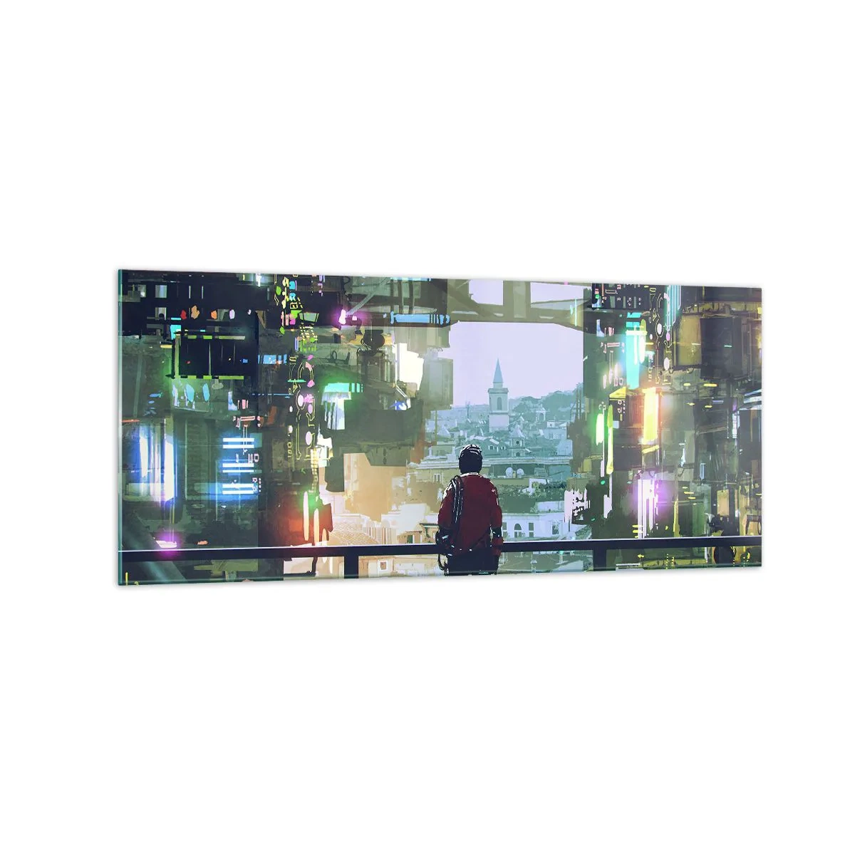 Cuadro sobre vidrio - Impresiones sobre Vidrio - Una figura en una ciudad futurista con luces de neón. - 120x50cm - Dos mundos - Decoración de pared moderna para salón y dormitorio ARTTOR