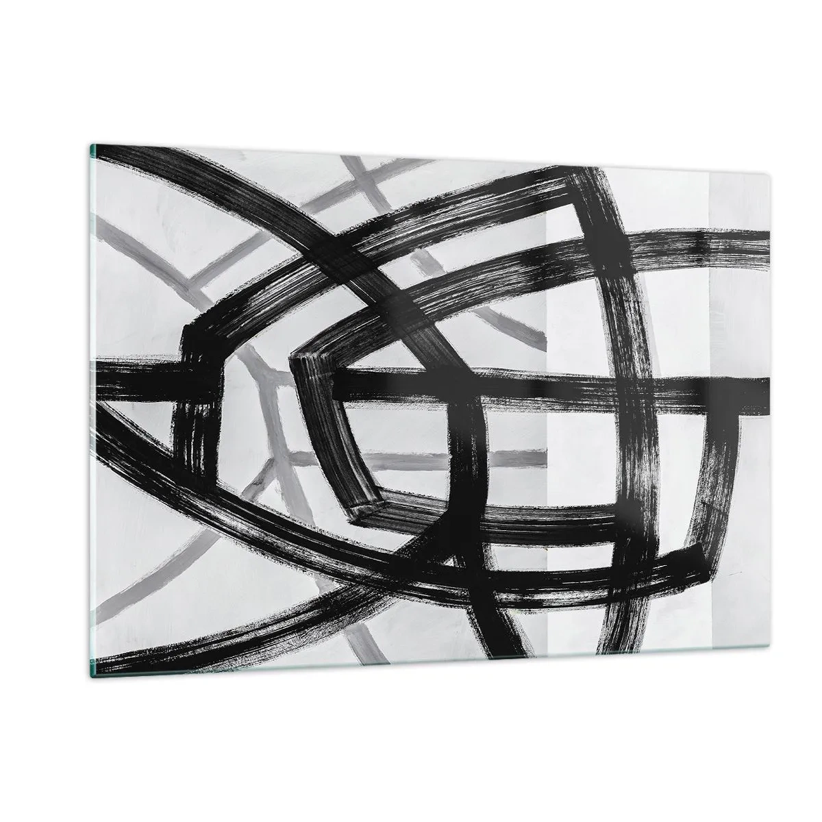 Cuadro sobre vidrio - Impresiones sobre Vidrio - Las pinceladas negras y grises crean una red dinámica de líneas. - 120x80cm - Construir profundidad - Decoración de pared moderna para salón y dormitorio ARTTOR