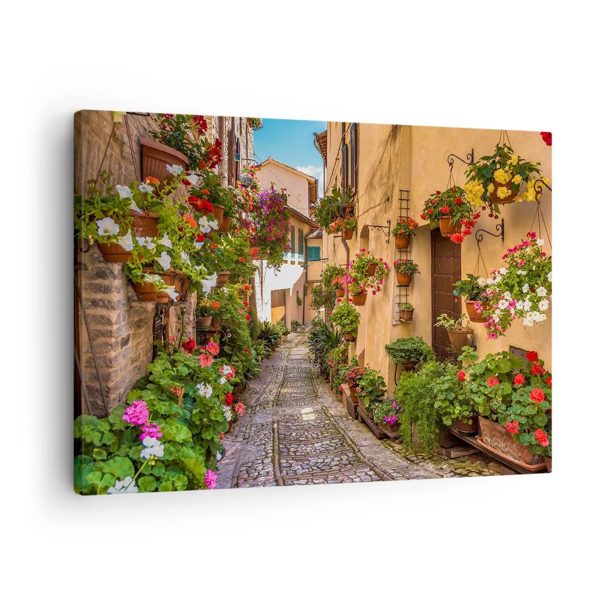 Cuadro sobre lienzo - Impresión de Imagen - Una calle encantadora llena de flores y macetas. - 70x50cm - Callejón italiano - Decoración de pared moderna para salón y dormitorio ARTTOR