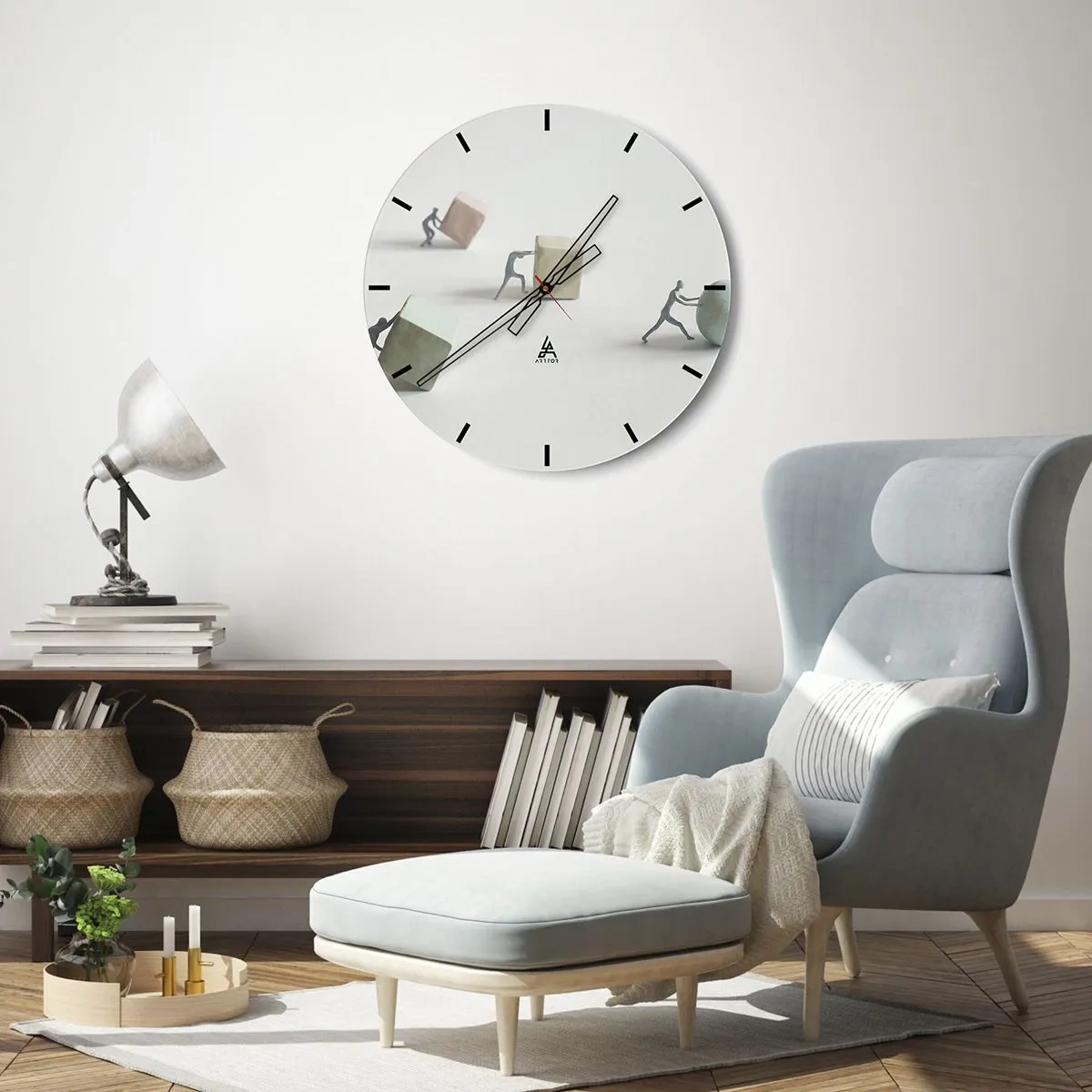 Reloj de pared - Reloj de vidrio - Figuras empujando cubos y una pelota simbolizando el esfuerzo - 30x30cm - El avance de la geometría - Decoración de pared moderna para salón, cocina y dormitorio ARTTOR