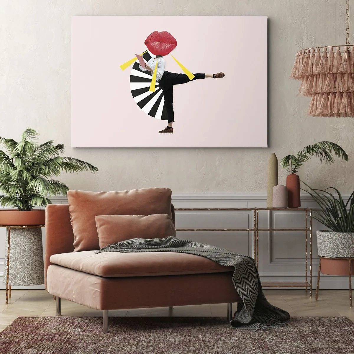 Cuadro sobre lienzo - Impresión de Imagen - Figura surrealista con boca y elementos geométricos. - 70x50cm - Arte pop surrealista - Decoración de pared moderna para salón y dormitorio ARTTOR