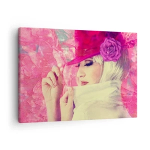 Cuadro sobre lienzo - Impresión de Imagen - Mujer elegante con un sombrero rosa y una flor. - 70x50cm - Retrato retro en rosa - Decoración de pared moderna para salón y dormitorio ARTTOR