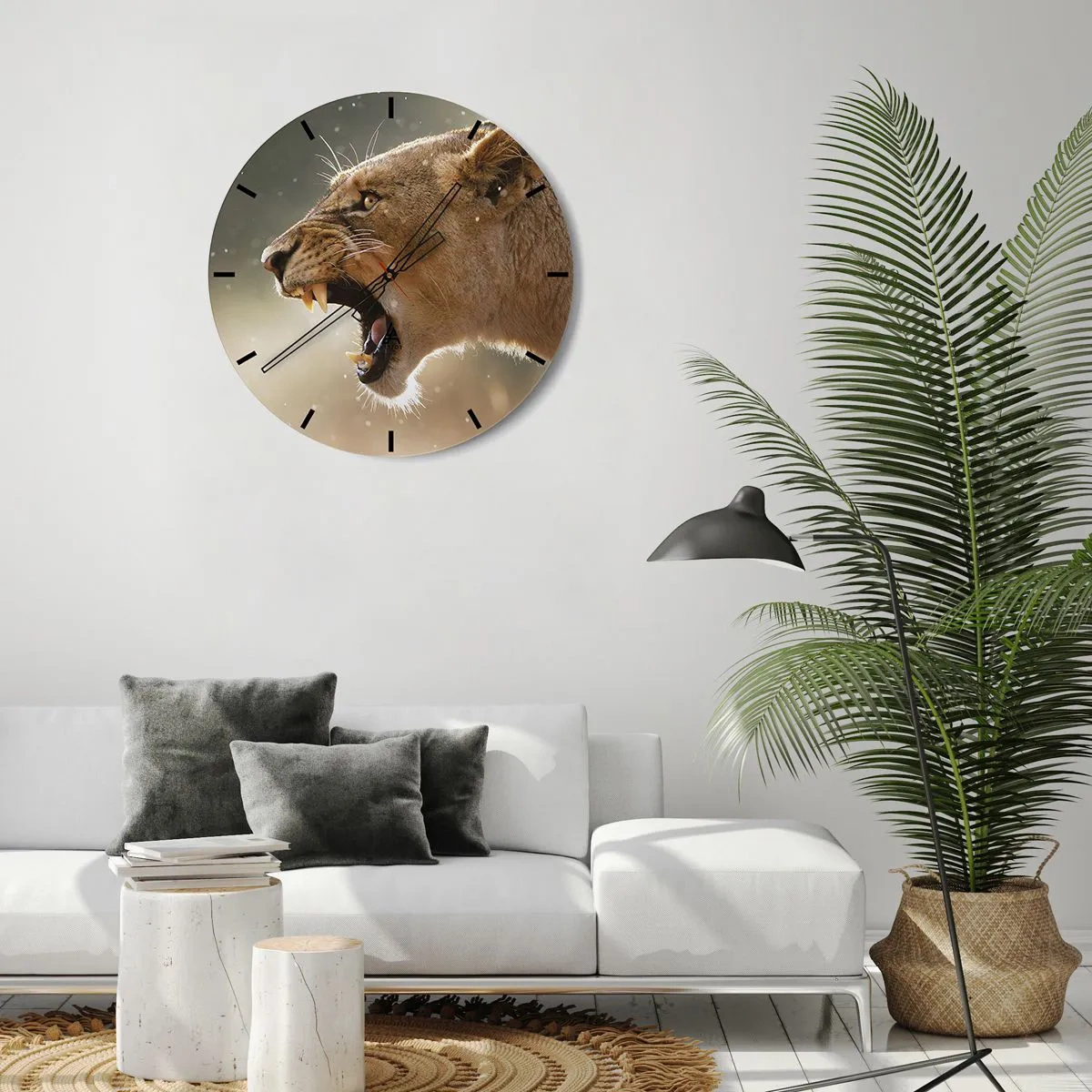 Reloj de pared - Reloj de vidrio - Una leona rugiente con la naturaleza iluminada como telón de fondo. - 30x30cm - Silencio, es mi turno de palabra - Decoración de pared moderna para salón, cocina y dormitorio ARTTOR