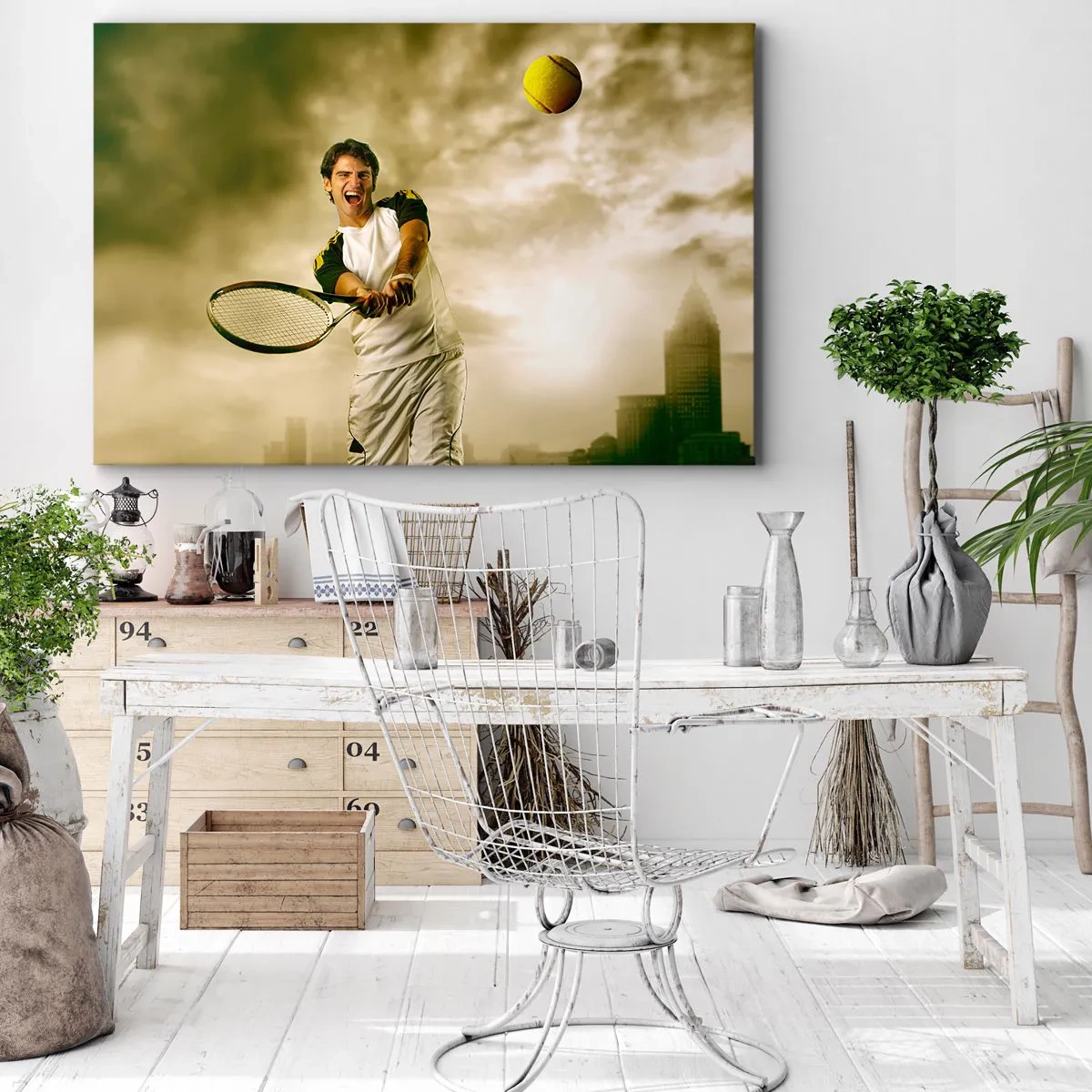 Cuadro sobre lienzo - Impresión de Imagen - Jugador de tenis en acción durante un partido con el telón de fondo de un paisaje urbano. - 70x50cm - Energía y alegría - Decoración de pared moderna para salón y dormitorio ARTTOR