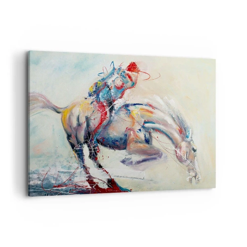 Cuadro sobre lienzo - Impresión de Imagen - Una imagen dinámica de un caballo en un estilo artístico abstracto. - 100x70cm - Sujétate y vamos - Decoración de pared moderna para salón y dormitorio ARTTOR