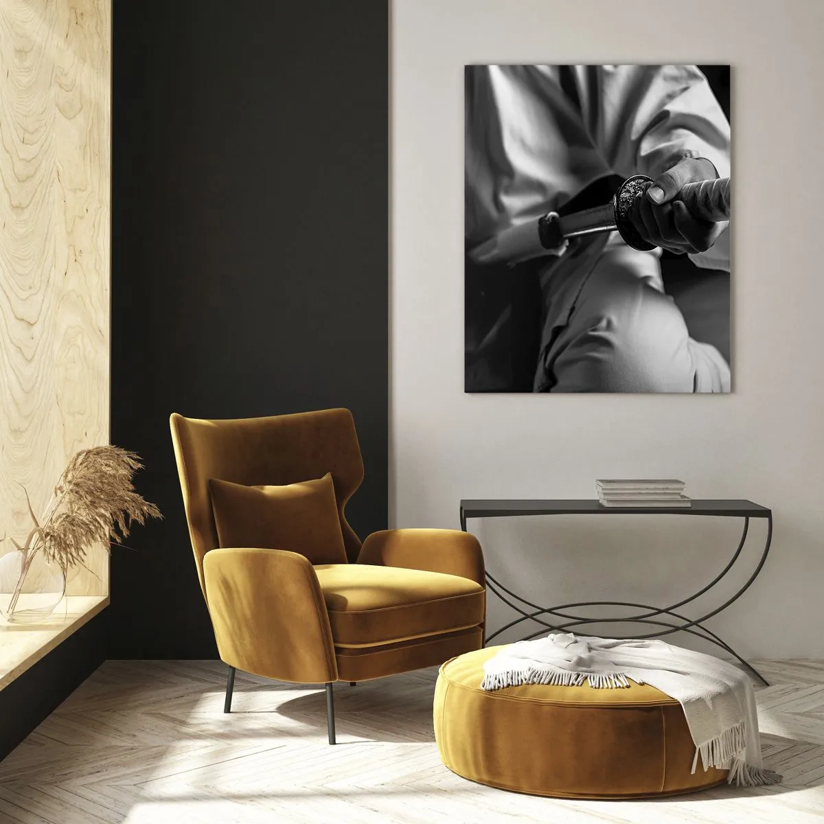 Cuadro sobre vidrio - Impresiones sobre Vidrio - Una figura con un kimono sosteniendo una espada, composición en blanco y negro. - 50x70cm - Alma de guerrero - Decoración de pared moderna para salón y dormitorio ARTTOR