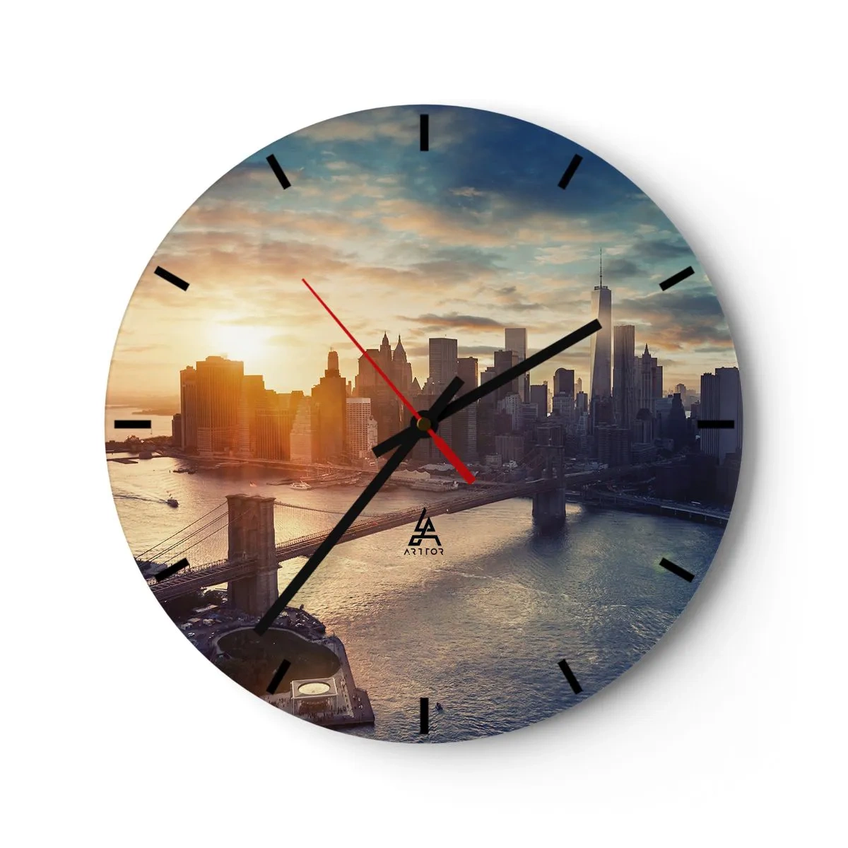 Reloj de pared - Reloj de vidrio - Panorama de la ciudad al atardecer con un puente y un río al fondo - 30x30cm - Un monumento a la cultura occidental - Decoración de pared moderna para salón, cocina y dormitorio ARTTOR