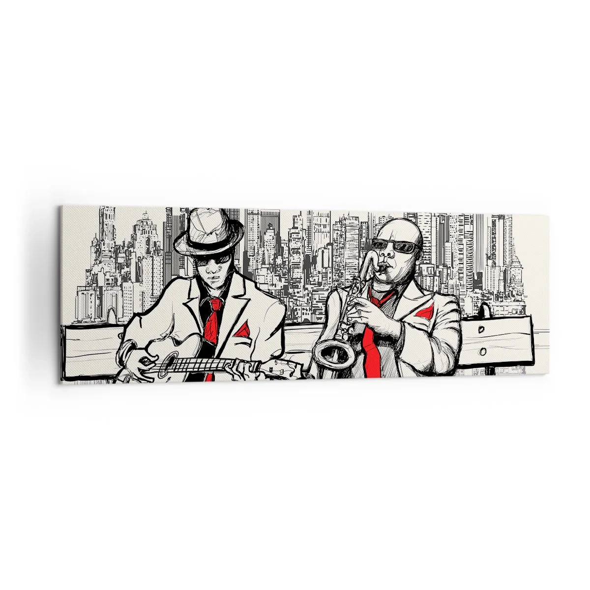 Cuadro sobre lienzo - Impresión de Imagen - Un dúo de jazz con saxofón y guitarra con la ciudad como telón de fondo. - 160x50cm - Improvisación en Nueva York - Decoración de pared moderna para salón y dormitorio ARTTOR