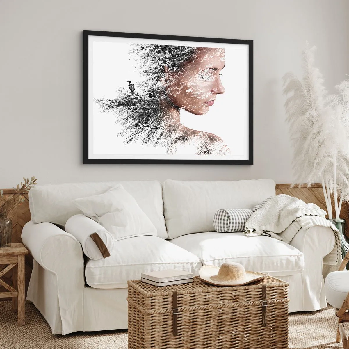 Póster en marco negro - Silueta de una mujer con una rama y un motivo de pájaro en el fondo. - 100x70cm - Espíritu del bosque - Decoración de pared moderna para salón y dormitorio ARTTOR