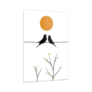 Cuadro sobre vidrio - Impresiones sobre Vidrio - Pájaros en una línea con un sol amarillo. - 80x120cm - Noche de ruiseñores - Decoración de pared moderna para salón y dormitorio ARTTOR