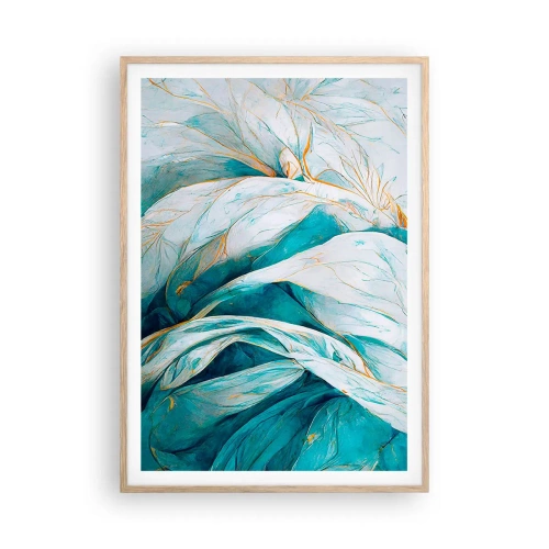 Póster en marco roble claro - Abstracción azul con motivos dorados - 70x100 cm