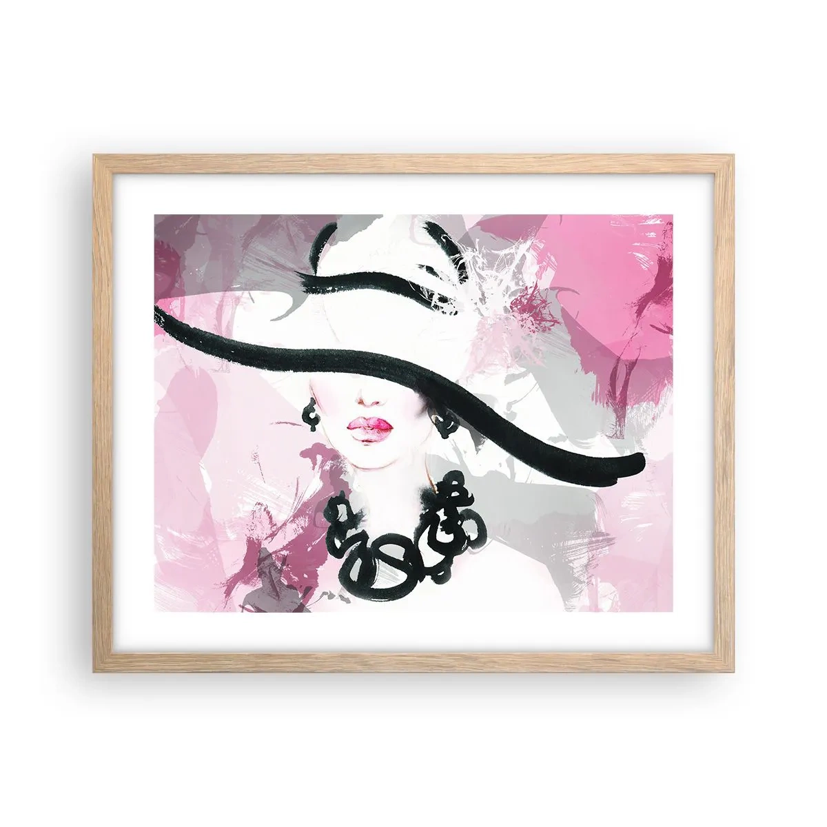 Póster en marco roble claro - Retrato de una dama en negro y rosa - 50x40 cm