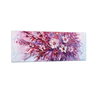 Cuadro sobre vidrio - Impresiones sobre Vidrio - Un colorido ramo de flores en tonos rosa y morado. - 140x50cm - Inocencia y pasión - Decoración de pared moderna para salón y dormitorio ARTTOR