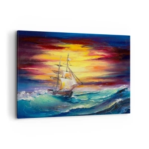 Cuadro sobre lienzo - Impresión de Imagen - Un velero con el telón de fondo de una colorida puesta de sol. - 100x70cm - Valientemente surcando las olas - Decoración de pared moderna para salón y dormitorio ARTTOR