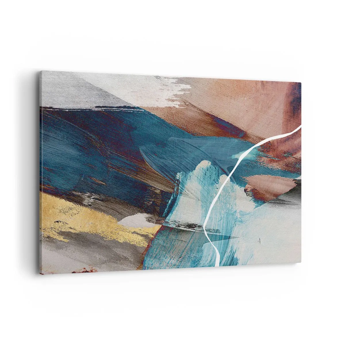 Cuadro sobre lienzo - Impresión de Imagen - Pinceladas abstractas en tonos azules y dorados. - 120x80cm - Con estilo y energía - Decoración de pared moderna para salón y dormitorio ARTTOR