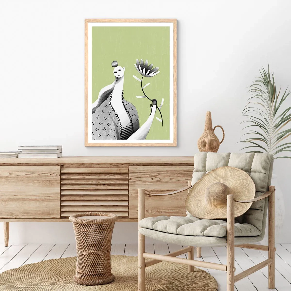 Póster en marco roble claro - Retrato modernista - sosteniendo una flor - 70x100 cm