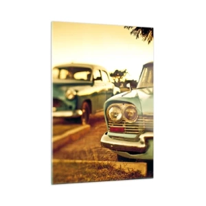 Cuadro sobre vidrio - Impresiones sobre Vidrio - Coches retro bajo la cálida luz del atardecer - 50x70cm - A la espera del futuro - Decoración de pared moderna para salón y dormitorio ARTTOR
