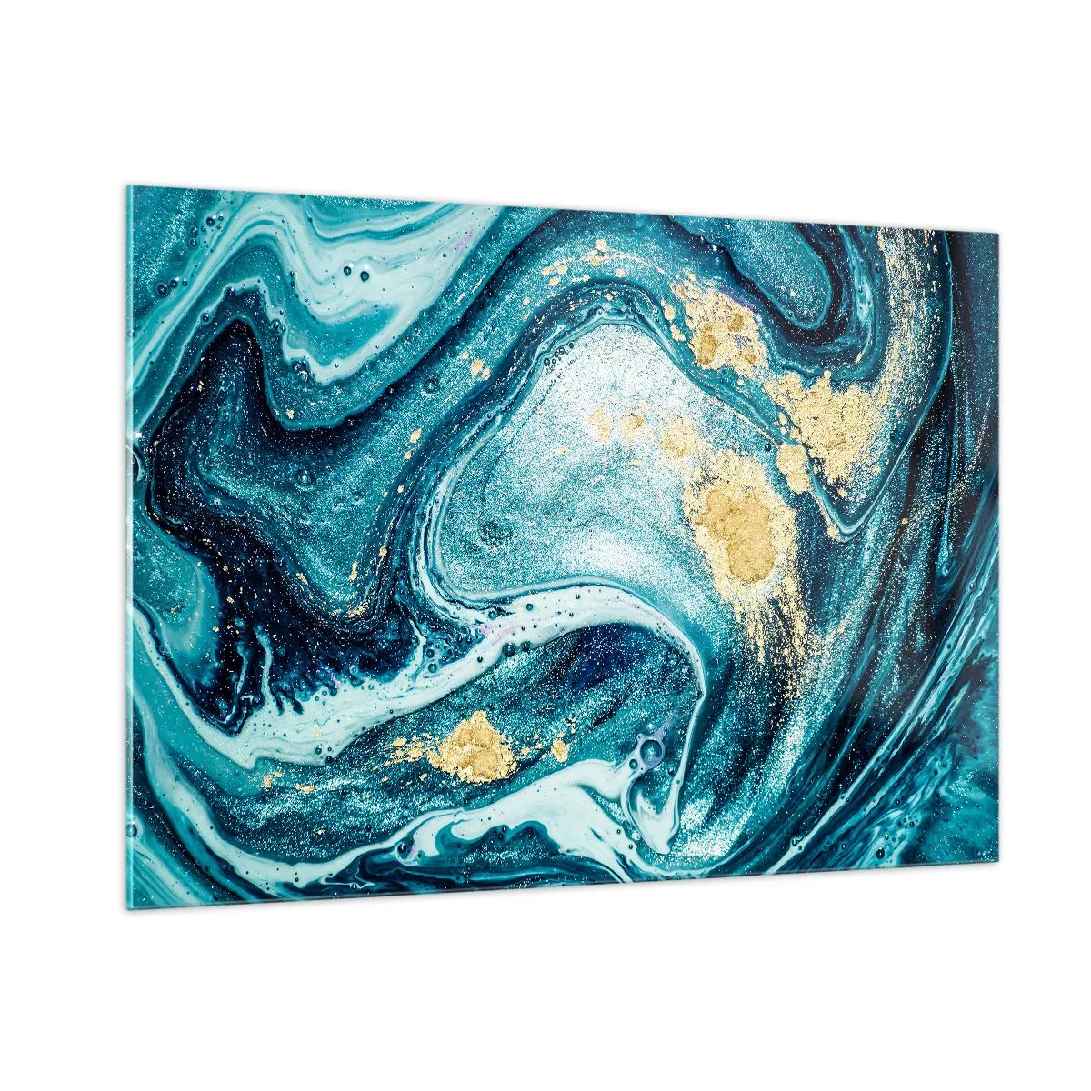 Cuadro sobre vidrio - Impresiones sobre Vidrio - Remolinos abstractos en tonos turquesa y dorado. - 100x70cm - Vórtice azul - Decoración de pared moderna para salón y dormitorio ARTTOR