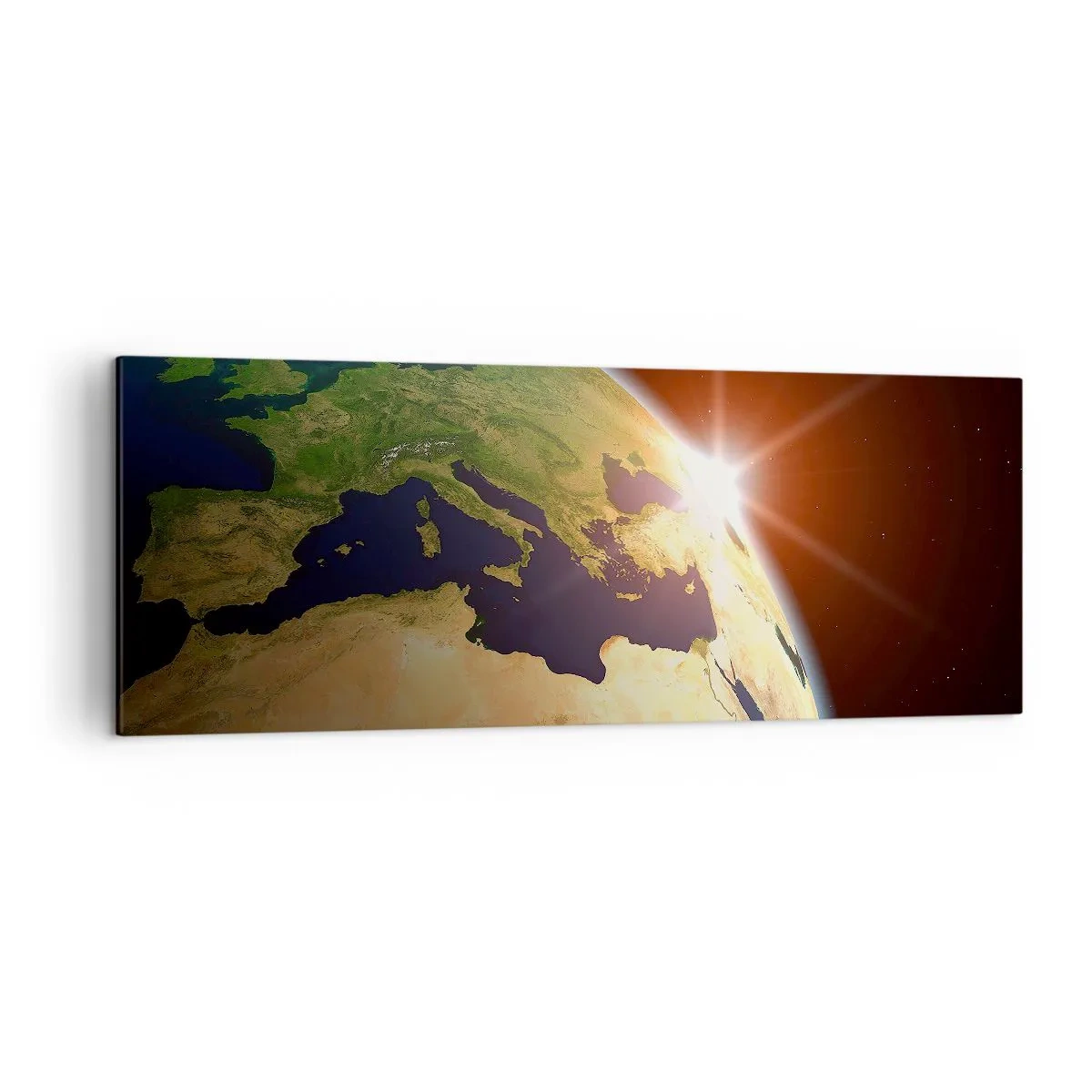 Cuadro sobre lienzo - Impresión de Imagen - Vista de la Tierra desde el espacio con rayos de sol en el horizonte - 140x50cm - Amanecer - Decoración de pared moderna para salón y dormitorio ARTTOR