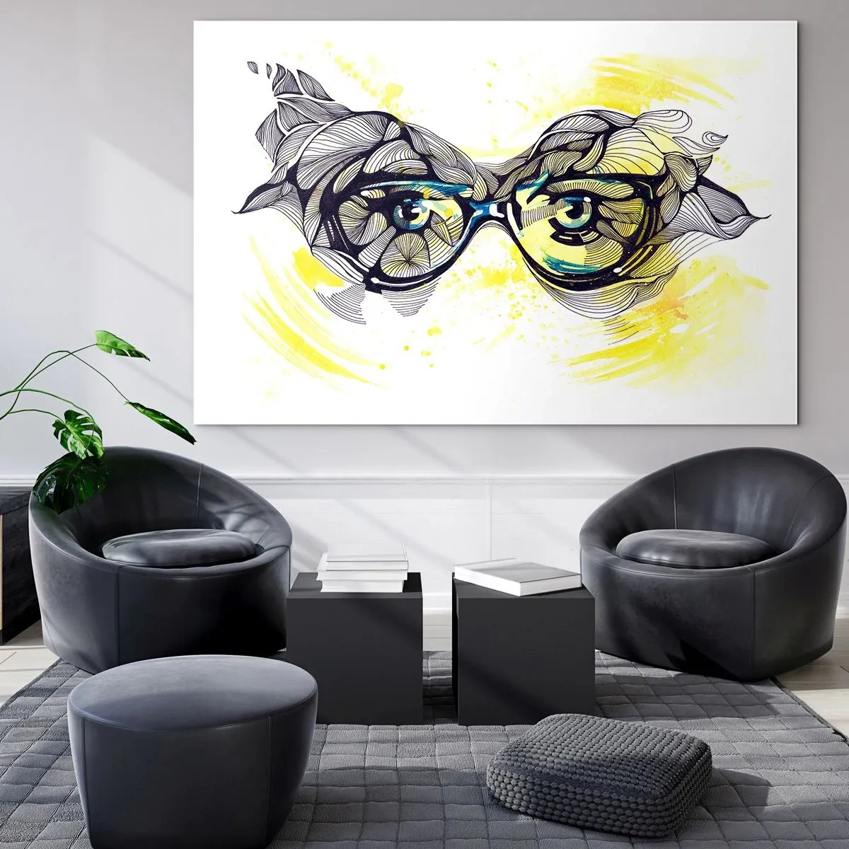 Cuadro sobre vidrio - Impresiones sobre Vidrio - Gafas con patrones artísticos y ojos sobre un fondo en tonos amarillos. - 100x70cm - A través de las gafas azules - Decoración de pared moderna para salón y dormitorio ARTTOR