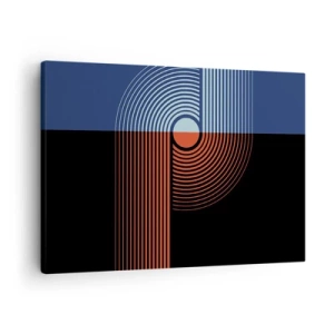 Cuadro sobre lienzo - Impresión de Imagen - Abstracción geométrica con líneas en azul marino y naranja. - 70x50cm - En un abrazo geométrico - Decoración de pared moderna para salón y dormitorio ARTTOR
