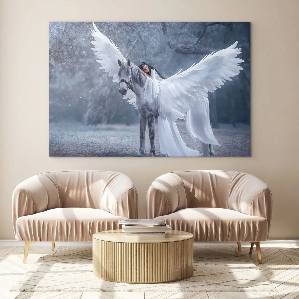 Cuadro sobre vidrio - Impresiones sobre Vidrio - Pegaso con alas blancas y una mujer con vestido en un bosque místico. - 100x70cm - Un momento de inspiración - Decoración de pared moderna para salón y dormitorio ARTTOR
